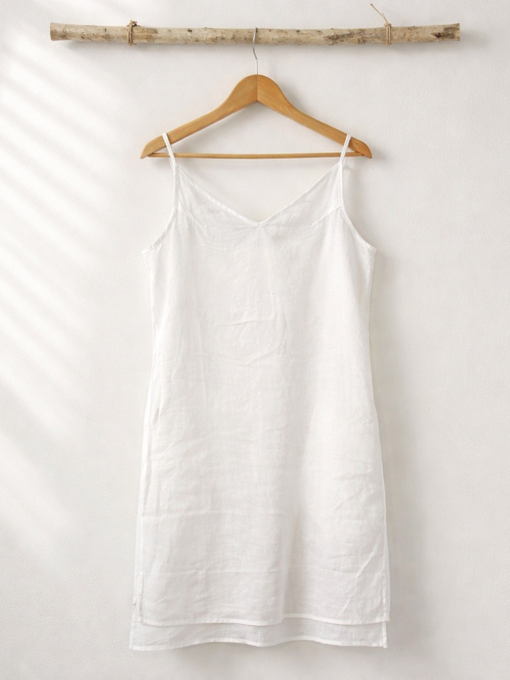 White Linen Mini Slip Dress - Lightweight V-Neck
